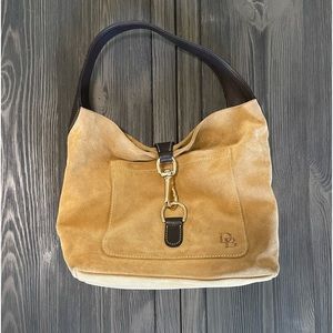 Dooney & Bourke Hobo Handbag Caramel Suede Brown Leather Strap Red Interior